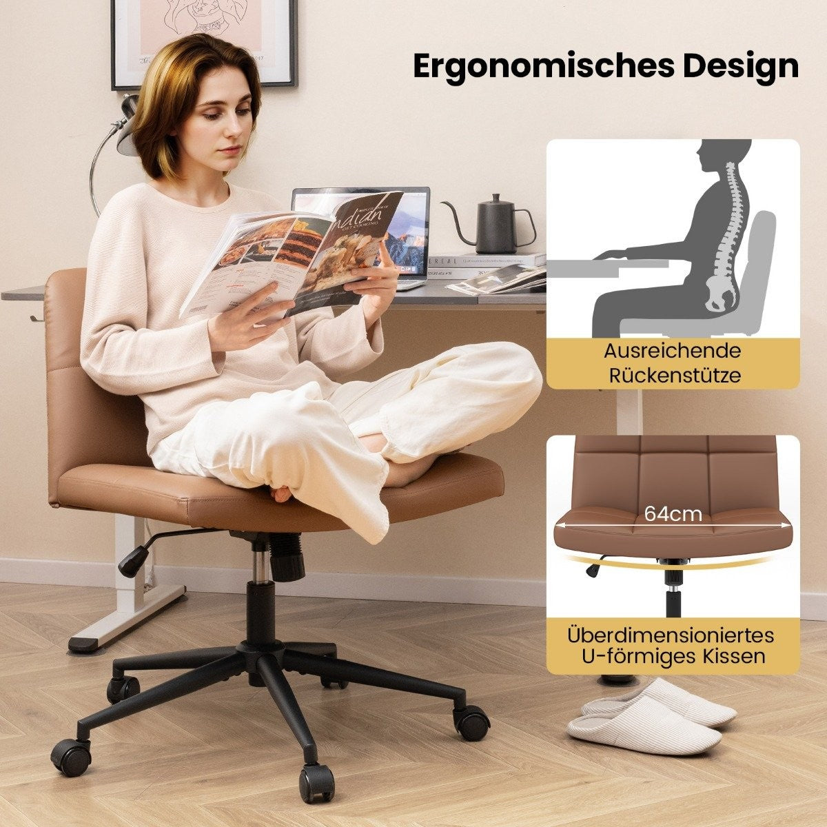 Office chair without armrests Desk chair with wide seat 360° rotating faux leather for home office Brown