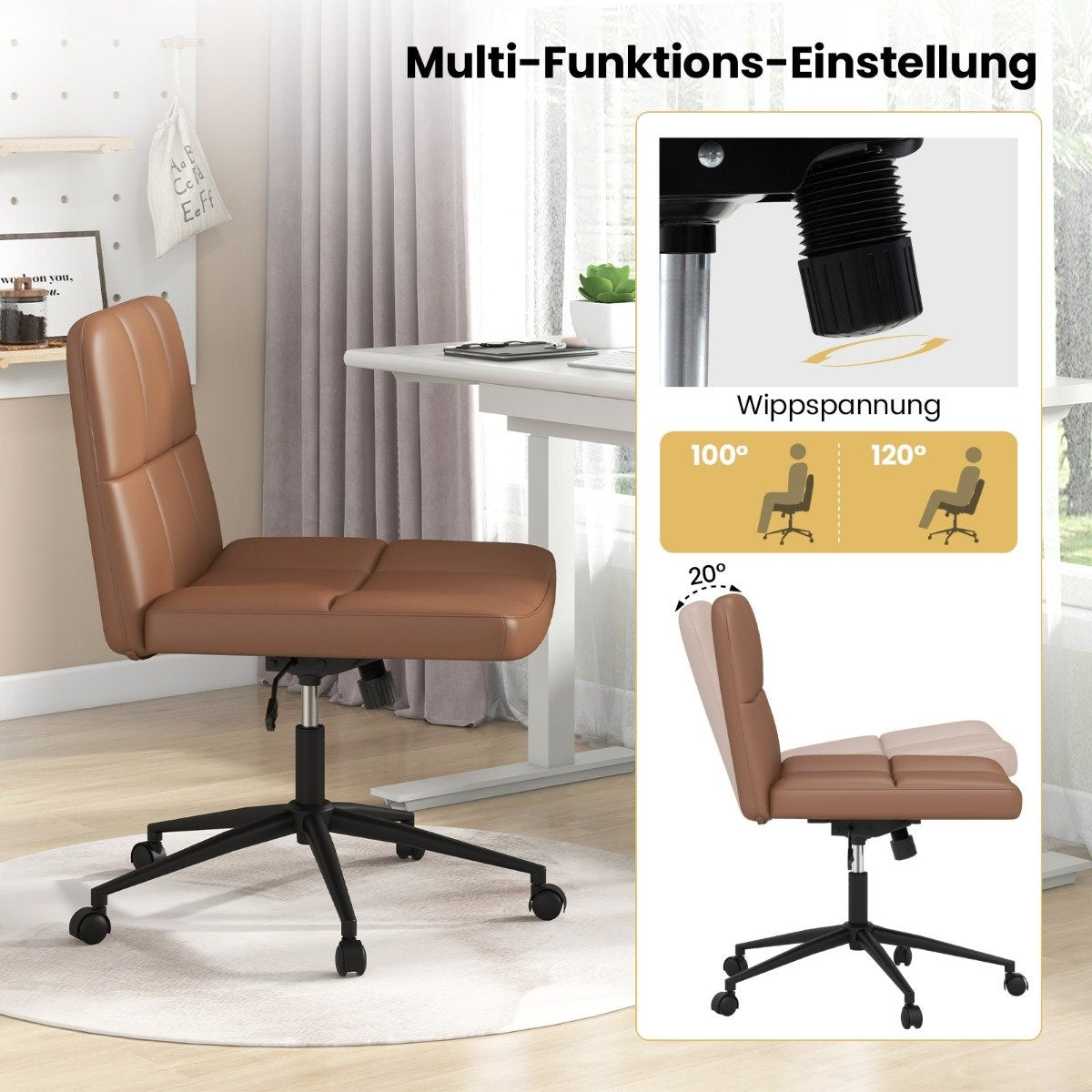Office chair without armrests Desk chair with wide seat 360° rotating faux leather for home office Brown