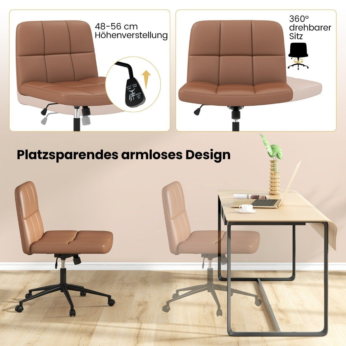 Office chair without armrests Desk chair with wide seat 360° rotating faux leather for home office Brown