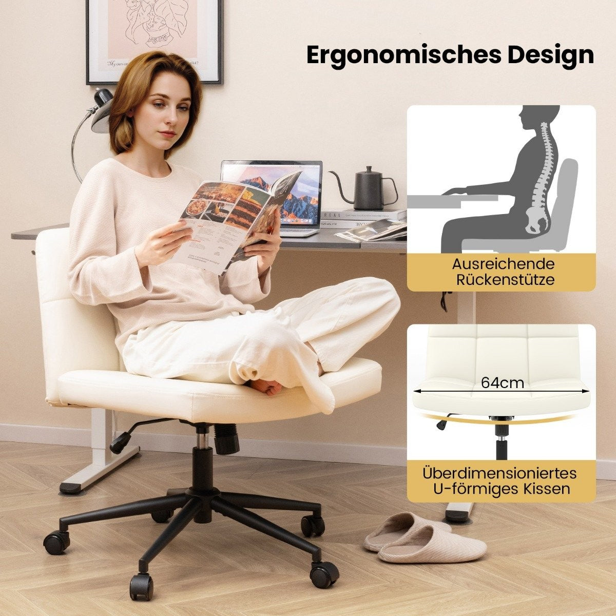 Office chair without armrests Desk chair with wide seat 360° rotating faux leather for home office beige