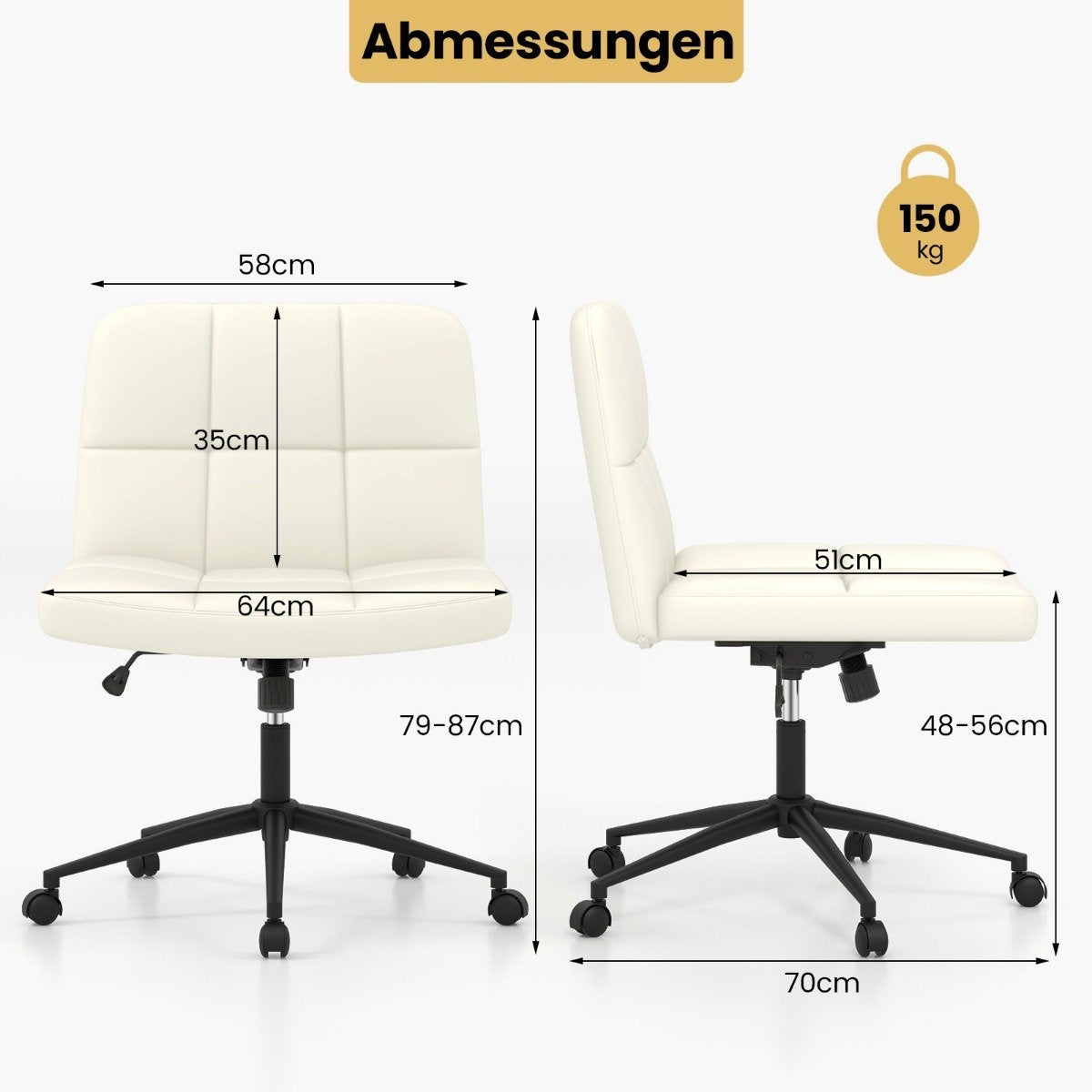 Office chair without armrests Desk chair with wide seat 360° rotating faux leather for home office beige