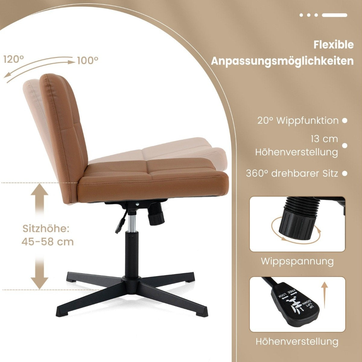 Office chair without armrests Desk chair with wide seat & Rocker function faux leather for home office brown