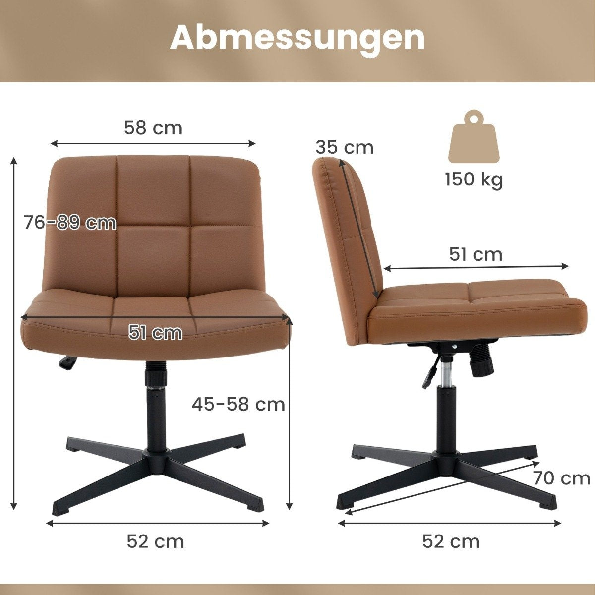 Office chair without armrests Desk chair with wide seat & Rocker function faux leather for home office brown
