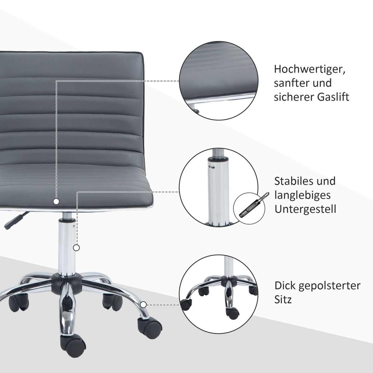 Office chair without armrests, height-adjustable swivel chair with wheels, desk chair can hold up to 120 kg, for study, office, dark gray