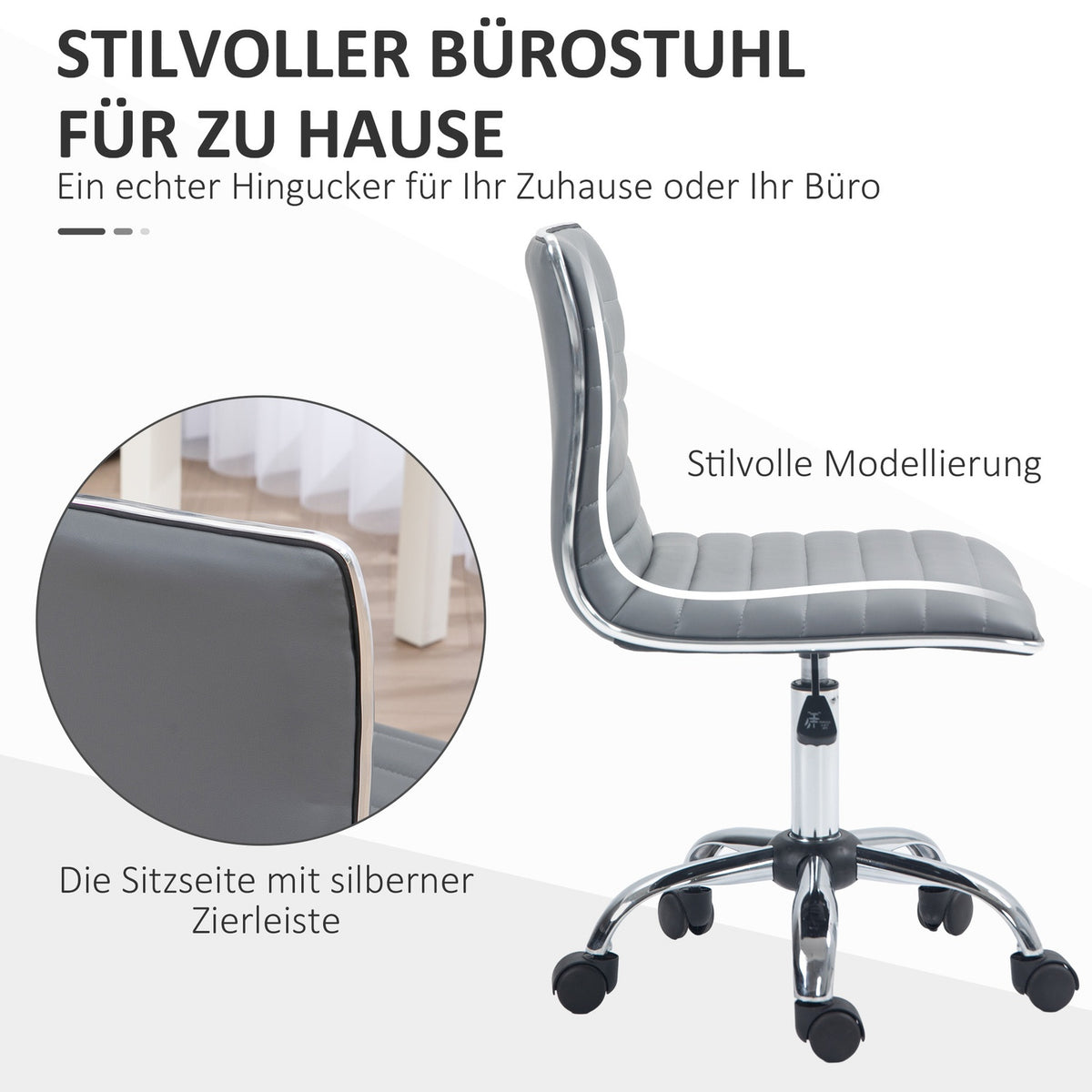 Office chair without armrests, height-adjustable swivel chair with wheels, desk chair can hold up to 120 kg, for study, office, light gray