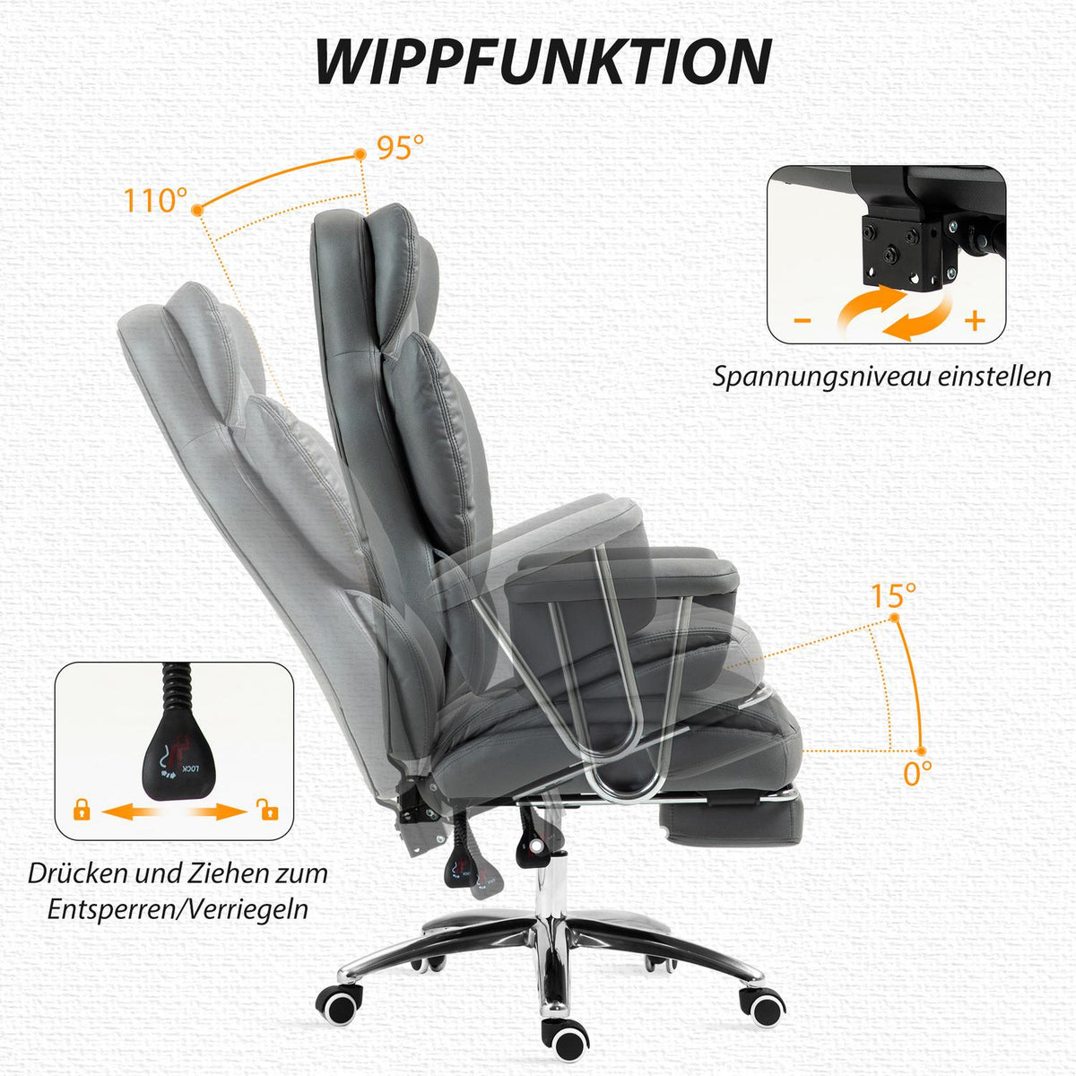 Office chair with reclining function, ergonomic desk chair, height-adjustable swivel chair with footrest, padded, can hold up to 120 kg, for office, study, dark gray