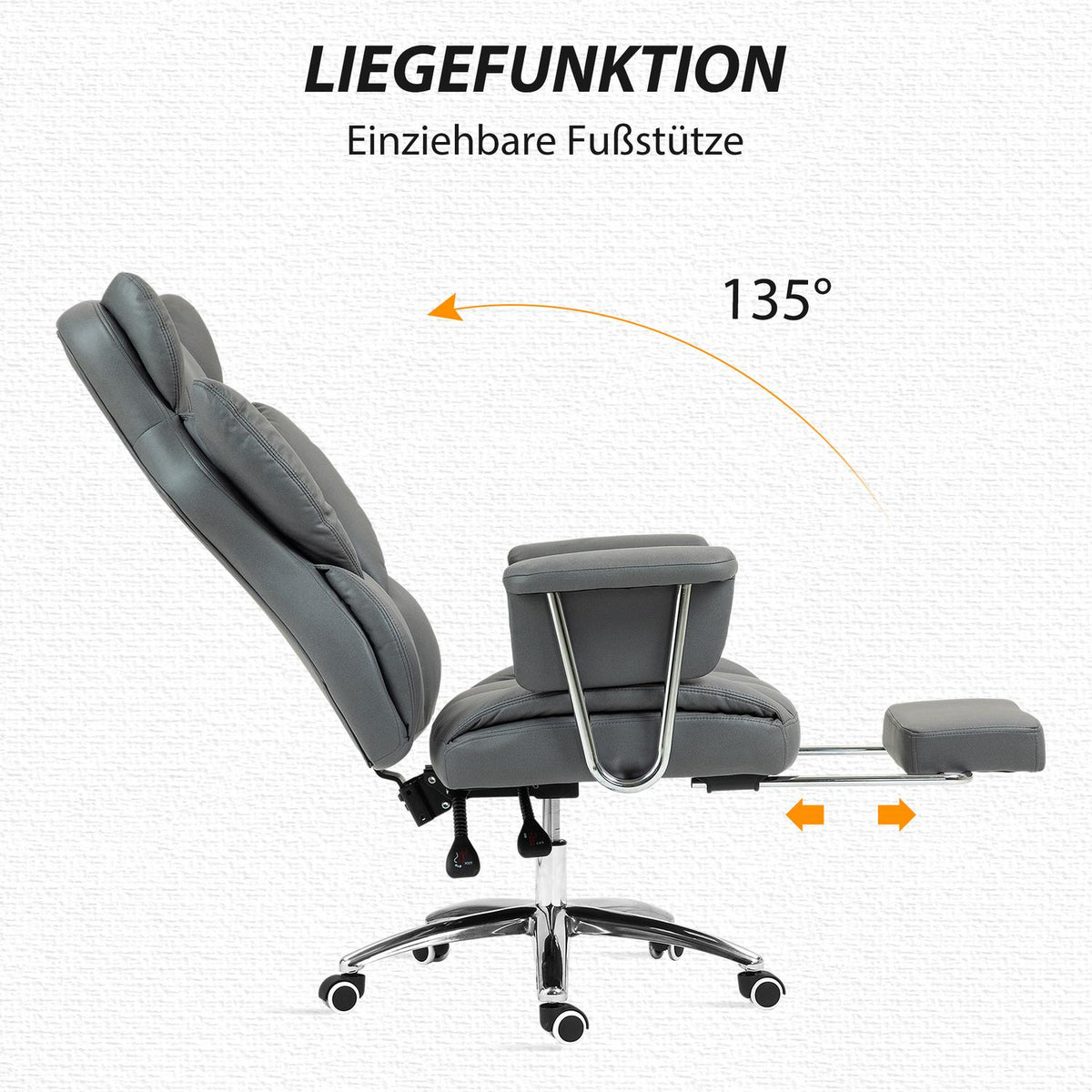 Office chair with reclining function, ergonomic desk chair, height-adjustable swivel chair with footrest, padded, can hold up to 120 kg, for office, study, dark gray