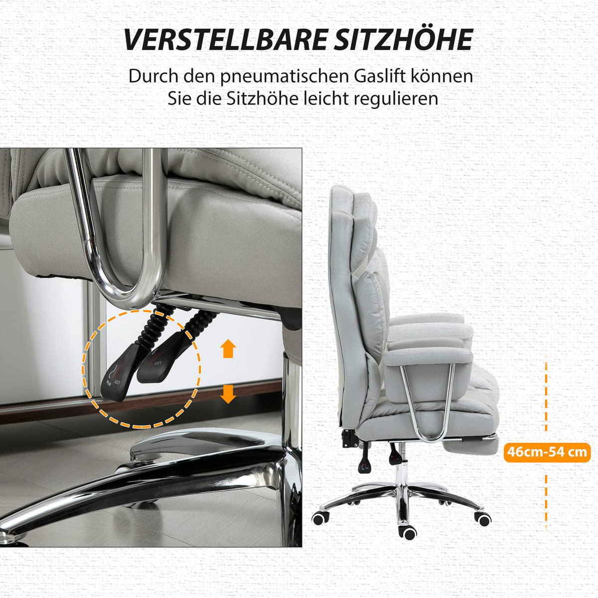 Office chair with reclining function, ergonomic desk chair, height-adjustable swivel chair with footrest, padded, can hold up to 120 kg, for office, study, light gray