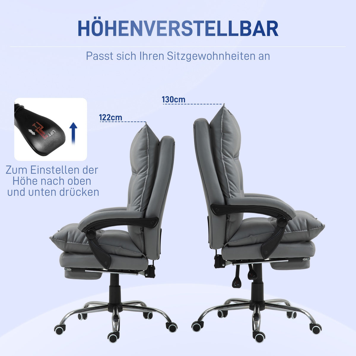 Office chair with reclining function, ergonomic desk chair, height-adjustable swivel chair with footrest, padded, can hold up to 135 kg, for office, study, dark gray