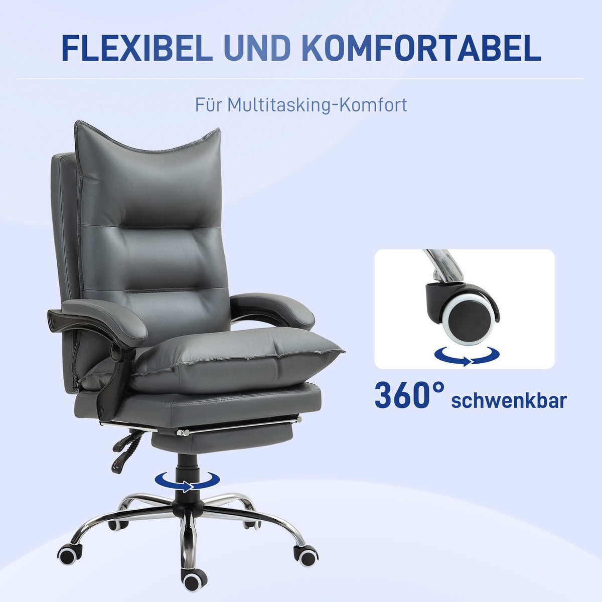 Office chair with reclining function, ergonomic desk chair, height-adjustable swivel chair with footrest, padded, can hold up to 135 kg, for office, study, dark gray