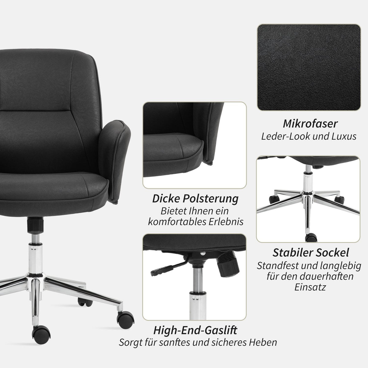 Office chair with rocker function, desk chair, height-adjustable swivel chair, ergonomic work chair, modern, can hold up to 120 kg, microfibre, black, 67 x 69 x 92-102 cm