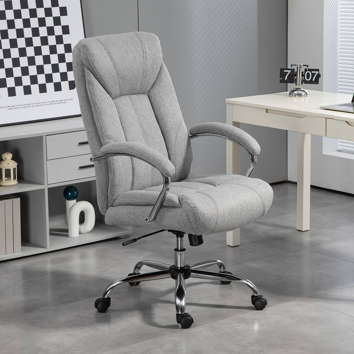 Office chair with rocker function, ergonomic chair with padded armrest, headrest, height-adjustable desk chair, swivel chair with backrest, nylon, light gray, 65 x 78 x 110-118 cm