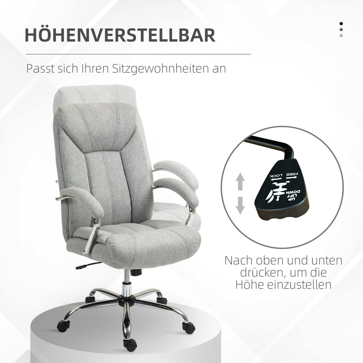 Office chair with rocker function, ergonomic chair with padded armrest, headrest, height-adjustable desk chair, swivel chair with backrest, nylon, light gray, 65 x 78 x 110-118 cm
