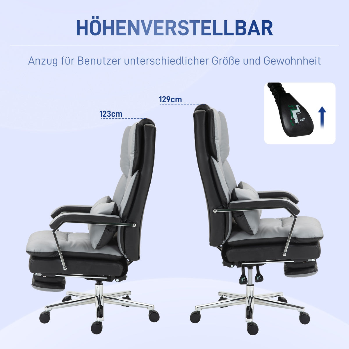 Office chair with rocker function, load capacity 120 kg, ergonomic, 160° tilting backrest, imitation leather, 63W x 71D x 123-129H cm, light gray