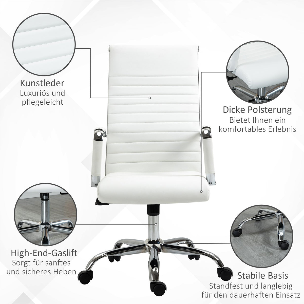 Office chair with rocker function, steel feet, ergonomic, 360° swivel wheels, imitation leather, load capacity 120 kg, 54 x 62 x 104-114 cm, white