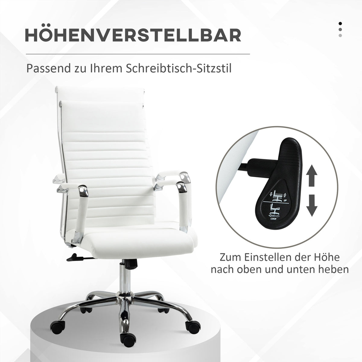 Office chair with rocker function, steel feet, ergonomic, 360° swivel wheels, imitation leather, load capacity 120 kg, 54 x 62 x 104-114 cm, white