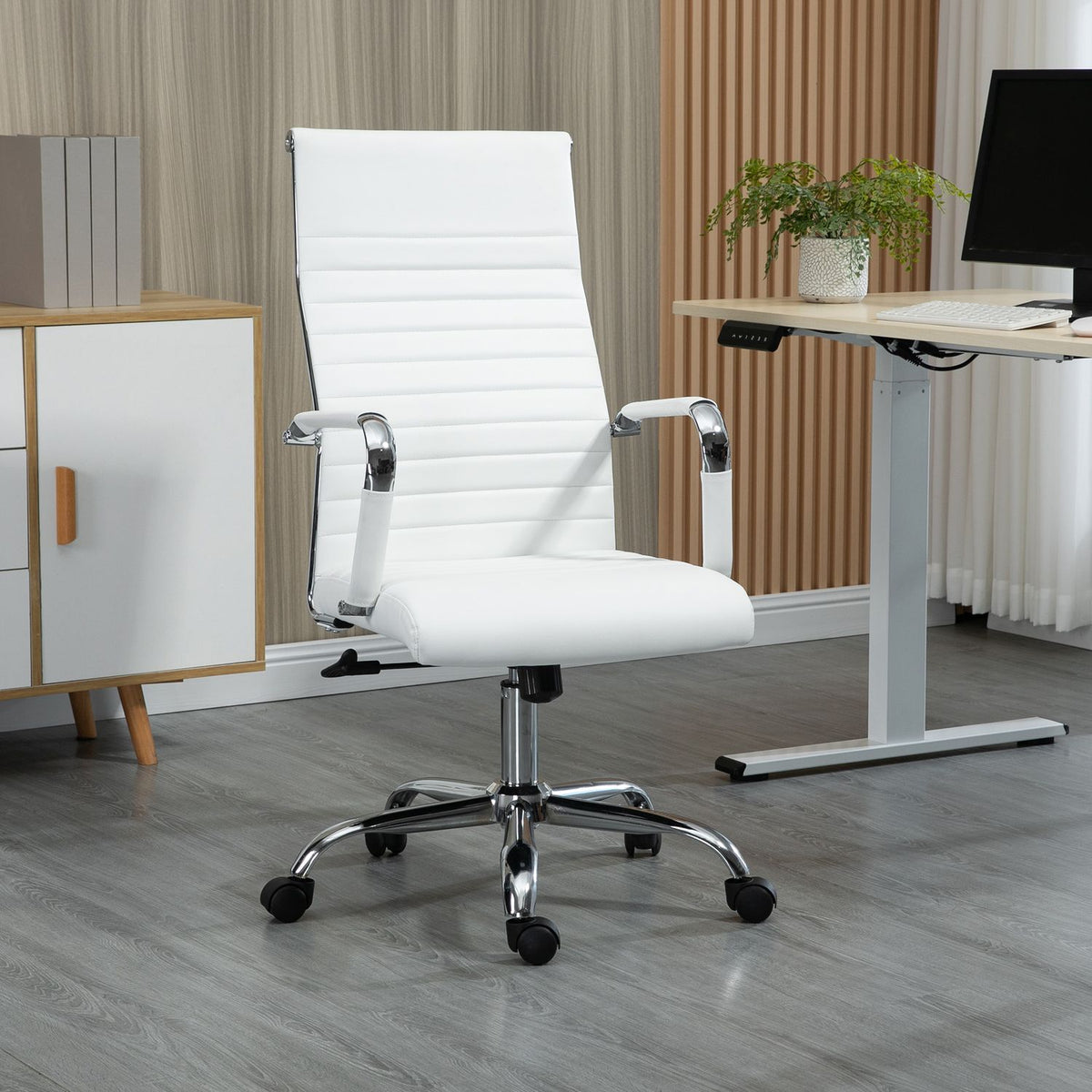 Office chair with rocker function, steel feet, ergonomic, 360° swivel wheels, imitation leather, load capacity 120 kg, 54 x 62 x 104-114 cm, white