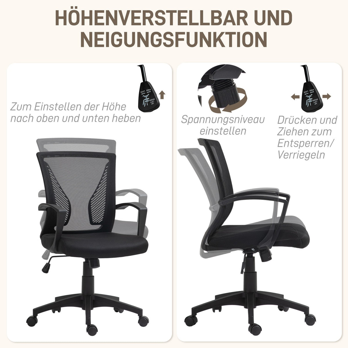 Office chair with tilt function, height-adjustable desk chair, swivel chair can hold up to 120 kg, for office, study, black
