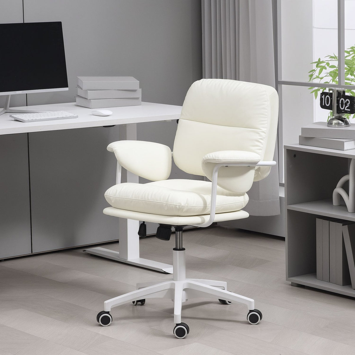 Office chair with tilt function, padded desk chair, height-adjustable swivel chair with footrest, load capacity up to 120 kg, faux leather, for office, study, white