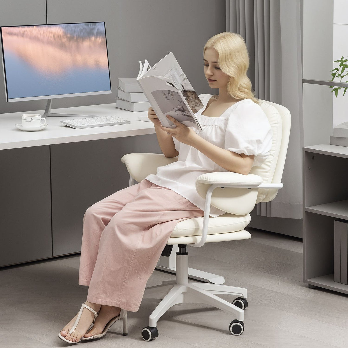 Office chair with tilt function, padded desk chair, height-adjustable swivel chair with footrest, load capacity up to 120 kg, faux leather, for office, study, white