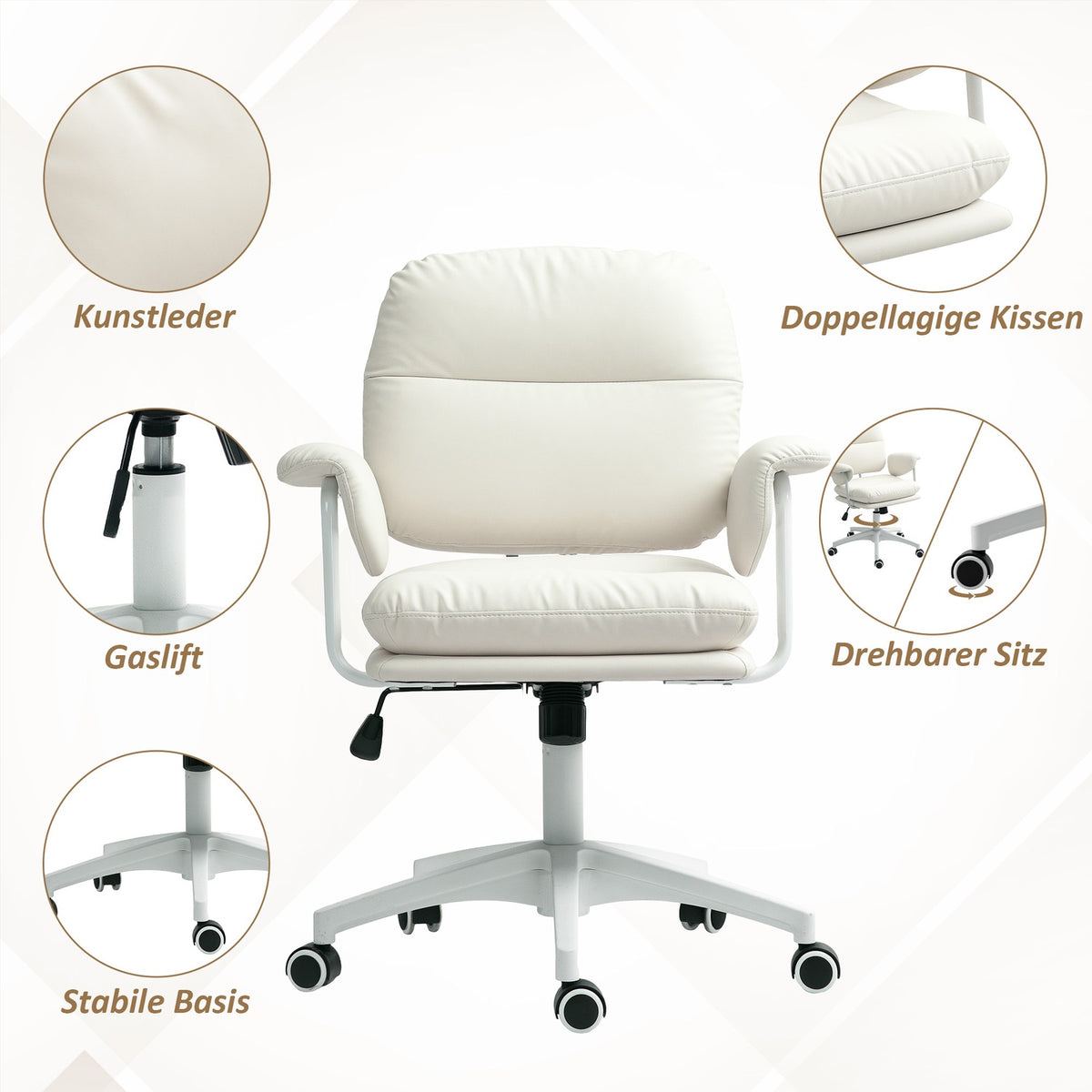 Office chair with tilt function, padded desk chair, height-adjustable swivel chair with footrest, load capacity up to 120 kg, faux leather, for office, study, white