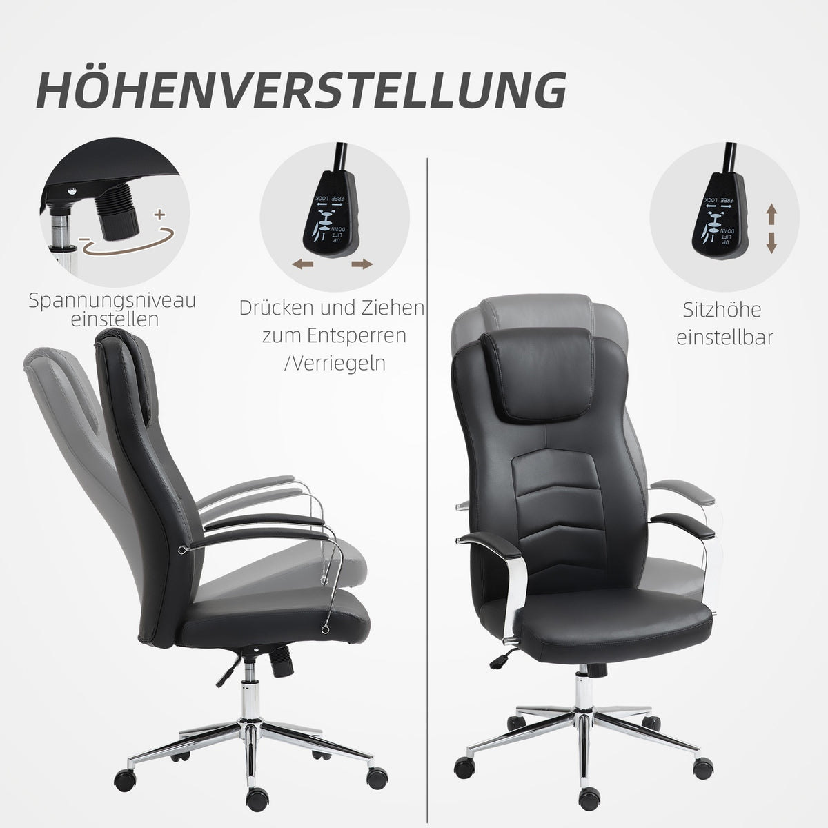Office chair with tilt function, padded desk chair, height-adjustable swivel chair with reclining function, load capacity up to 120 kg, for office, study, black