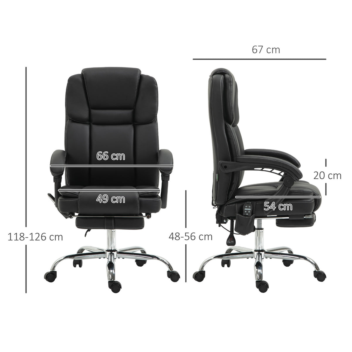Office chair with vibration massage, ergonomic desk chair with heating, reclining function, height-adjustable executive chair with footrest, side pocket, faux leather, black