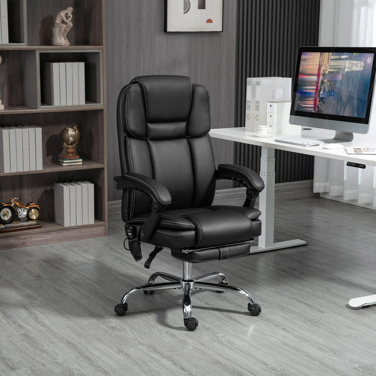 Office chair with vibration massage, ergonomic desk chair with heating, reclining function, height-adjustable executive chair with footrest, side pocket, faux leather, black