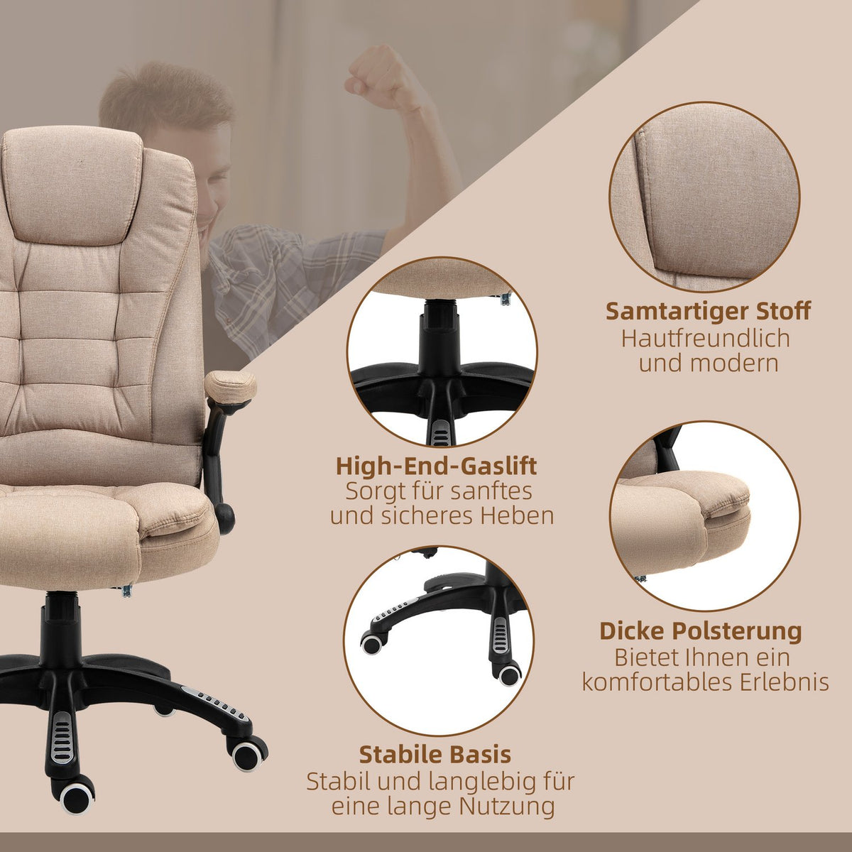 Office chair with vibration massage, ergonomic desk chair with heating, reclining function, height-adjustable executive chair with remote control, side pocket, linen look, brown