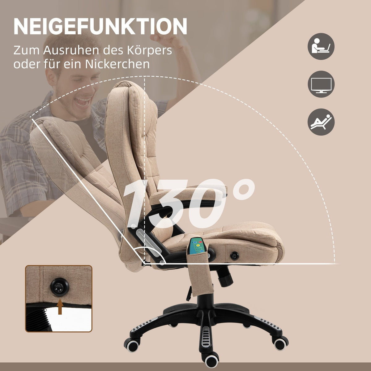 Office chair with vibration massage, ergonomic desk chair with heating, reclining function, height-adjustable executive chair with remote control, side pocket, linen look, brown