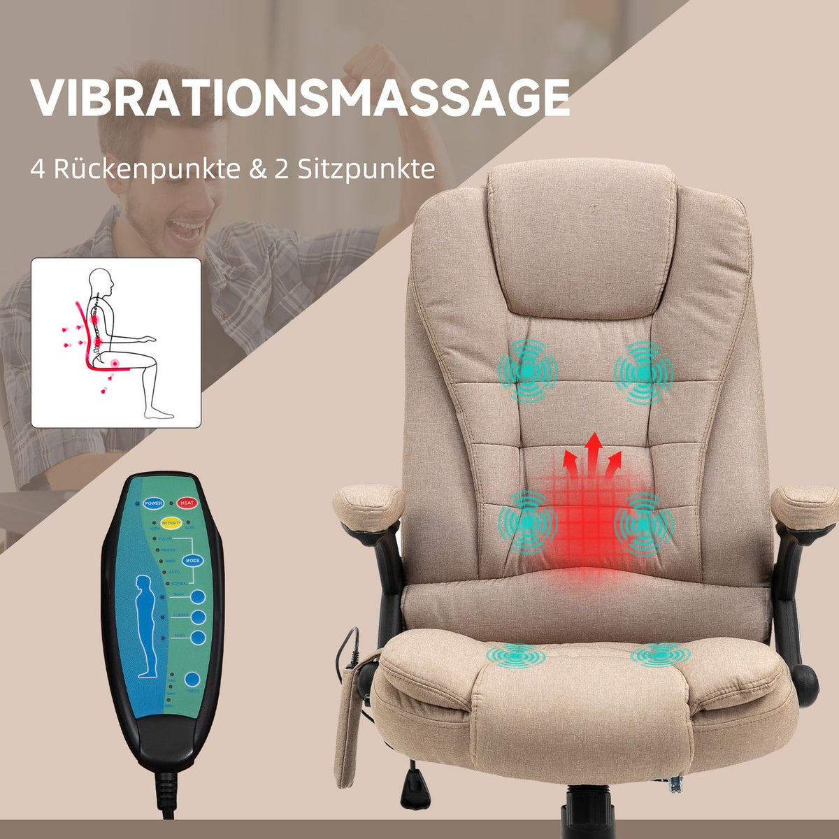 Office chair with vibration massage, ergonomic desk chair with heating, reclining function, height-adjustable executive chair with remote control, side pocket, linen look, brown
