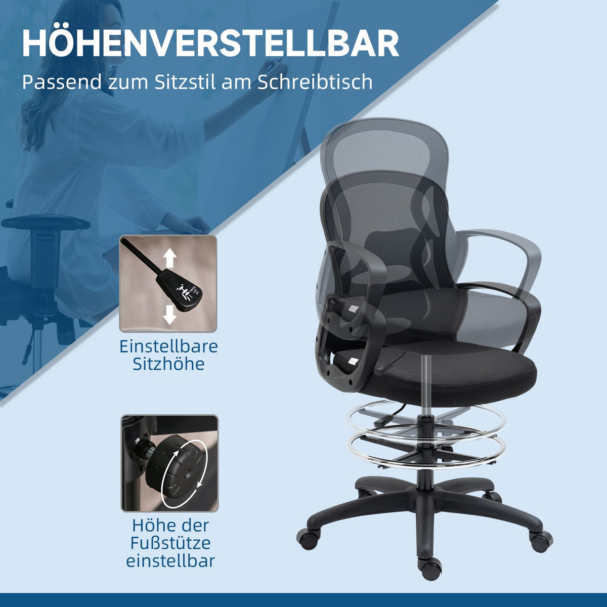 Office standing chair, ergonomic office chair, height adjustable, drawing chair, up to 120kg, black