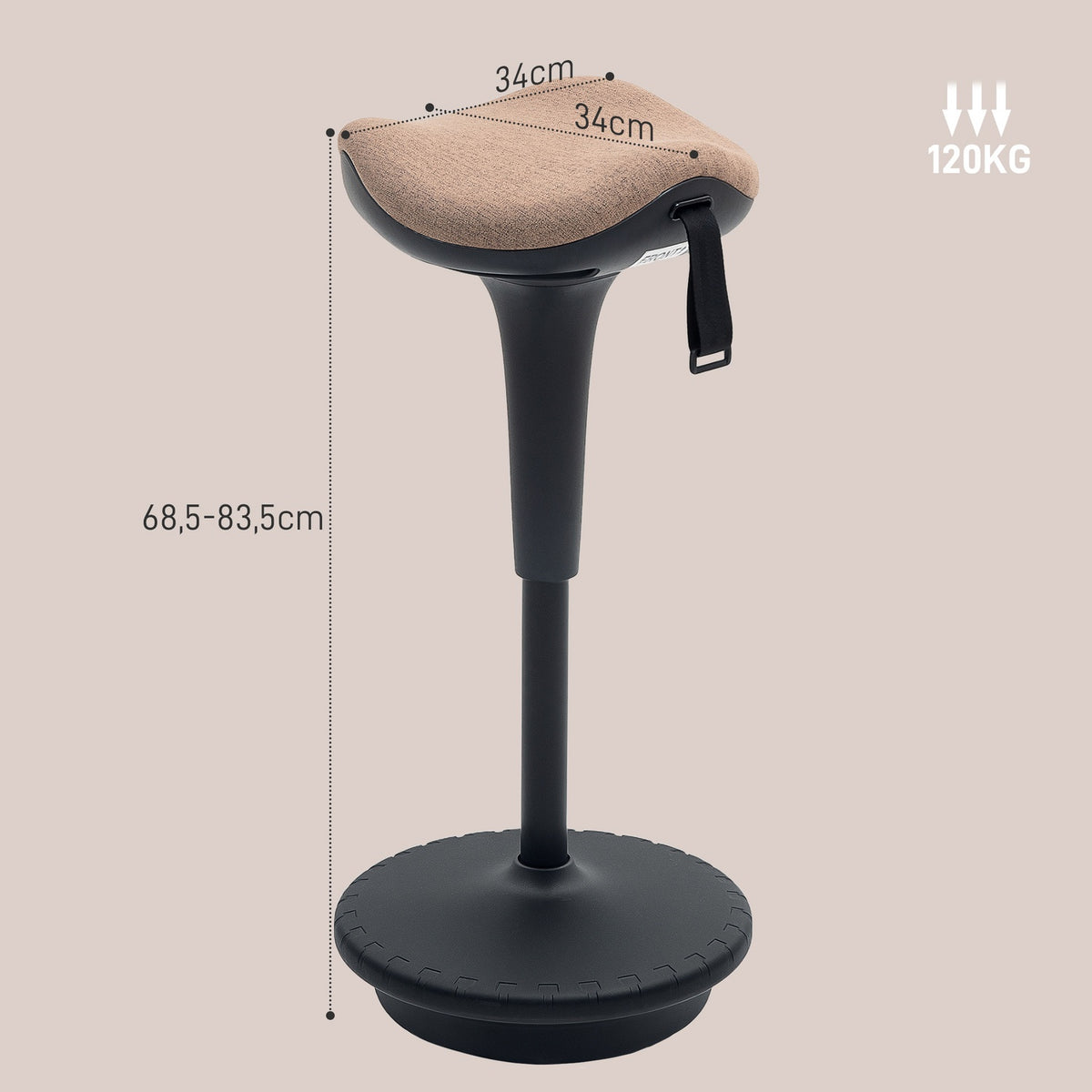 Office stool with swivel function, ergonomic work stool, height adjustable 68.5-83.5 cm stool, 360° rotating standing stool, for office and study, brown