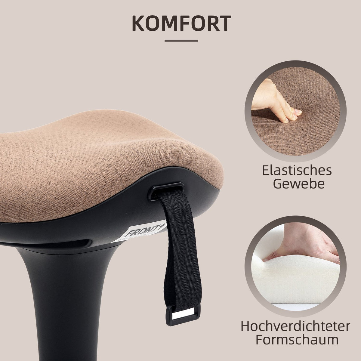Office stool with swivel function, ergonomic work stool, height adjustable 68.5-83.5 cm stool, 360° rotating standing stool, for office and study, brown