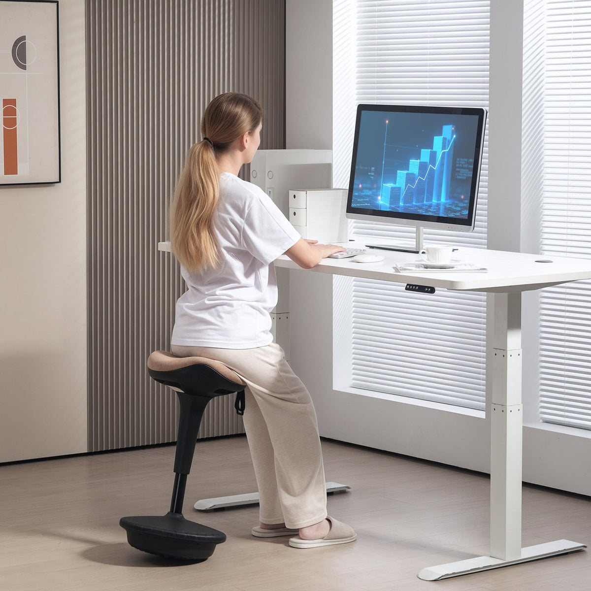 Office stool with swivel function, ergonomic work stool, height adjustable 68.5-83.5 cm stool, 360° rotating standing stool, for office and study, brown