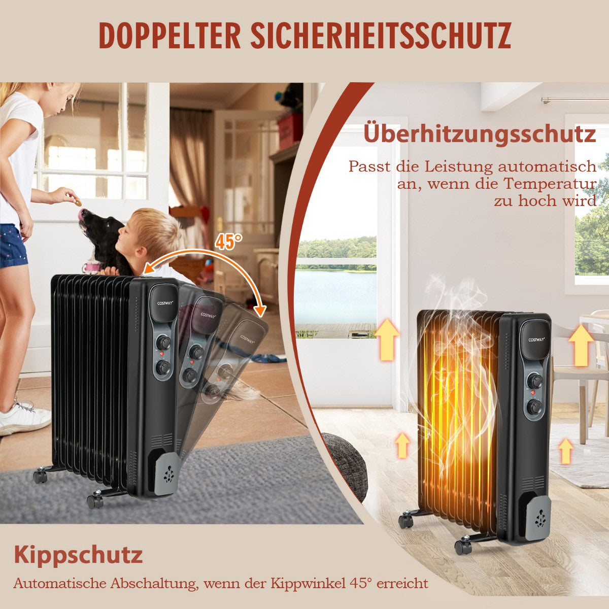 Oil-Filled Radiator Heater 2500W, 3 Heat Settings, Black