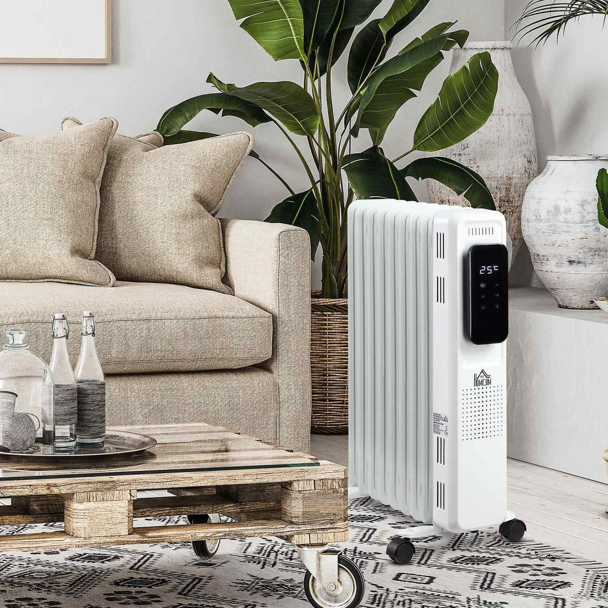 Oil Radiator Portable Electric Radiator 1830-2180W 3 Heating Levels 24-Hour Timing 9 Heating Plates With 4 Wheels White Steel 42.5 X 24 X 63 Cm