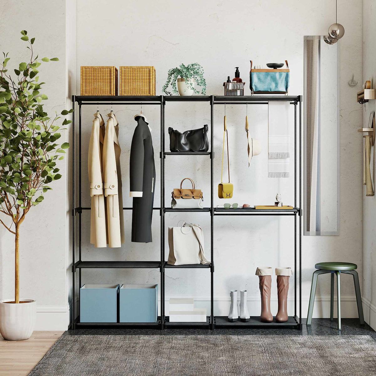 Open Wardrobe with 4 Shelves, 2 Hanging Sections, Black