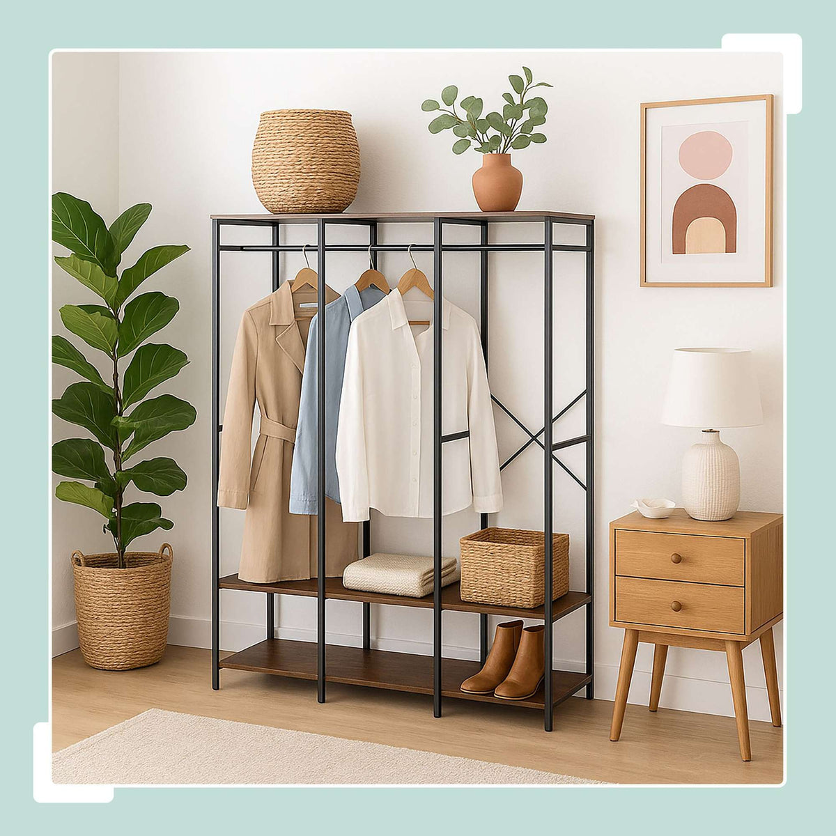 Open Wardrobe with Rails & Shelves – Iron Frame, Wood Panels