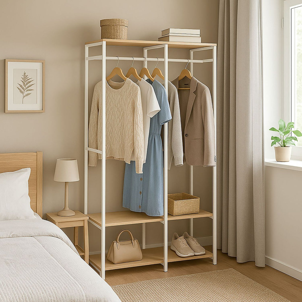 Open Wardrobe with Rails & Shelves – Iron Frame, Wood Panels