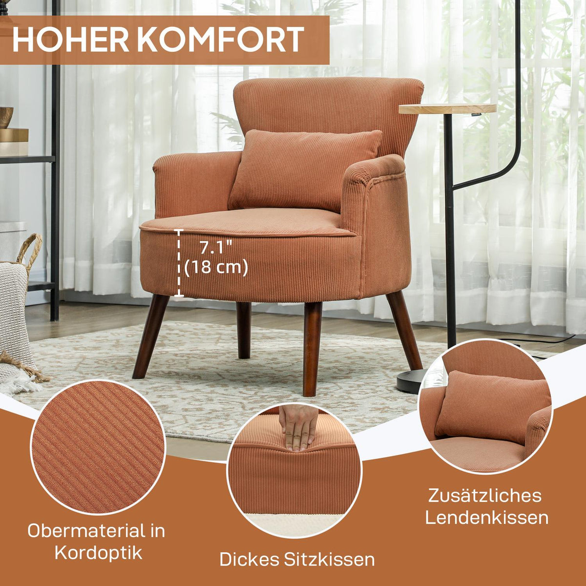 Orange Corduroy Armchair – High-Density Foam, Wood Frame