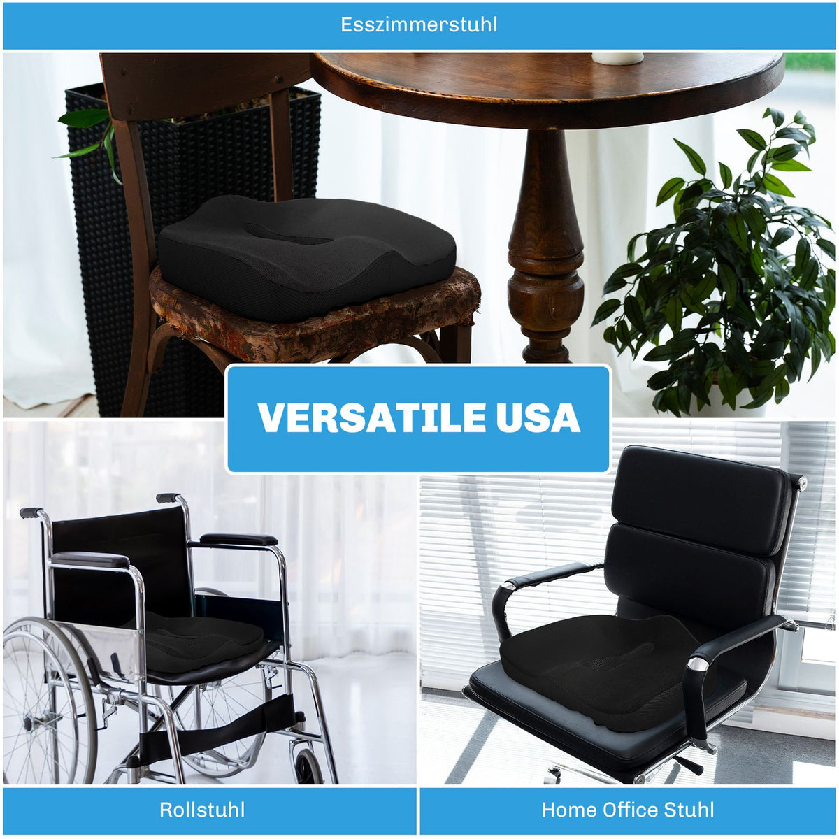 Orthopedic seat cushion, ergonomic seat cushion for office chair, car etc., coccyx cushion made of memory foam for coccyx, sciatica, hemorrhoids, back pain relief, black