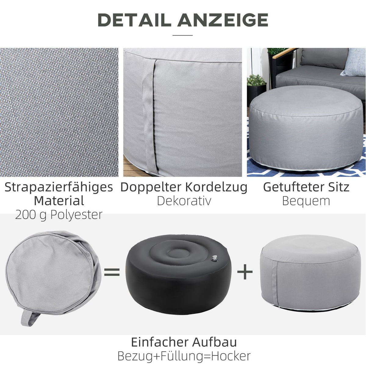 Ottoman, Inflatable Footstool, Footrest For Indoor And Outdoor Use, Load Capacity Up To 150 Kg, Polyester, Dark Gray, 80 X 80 X 37 Cm