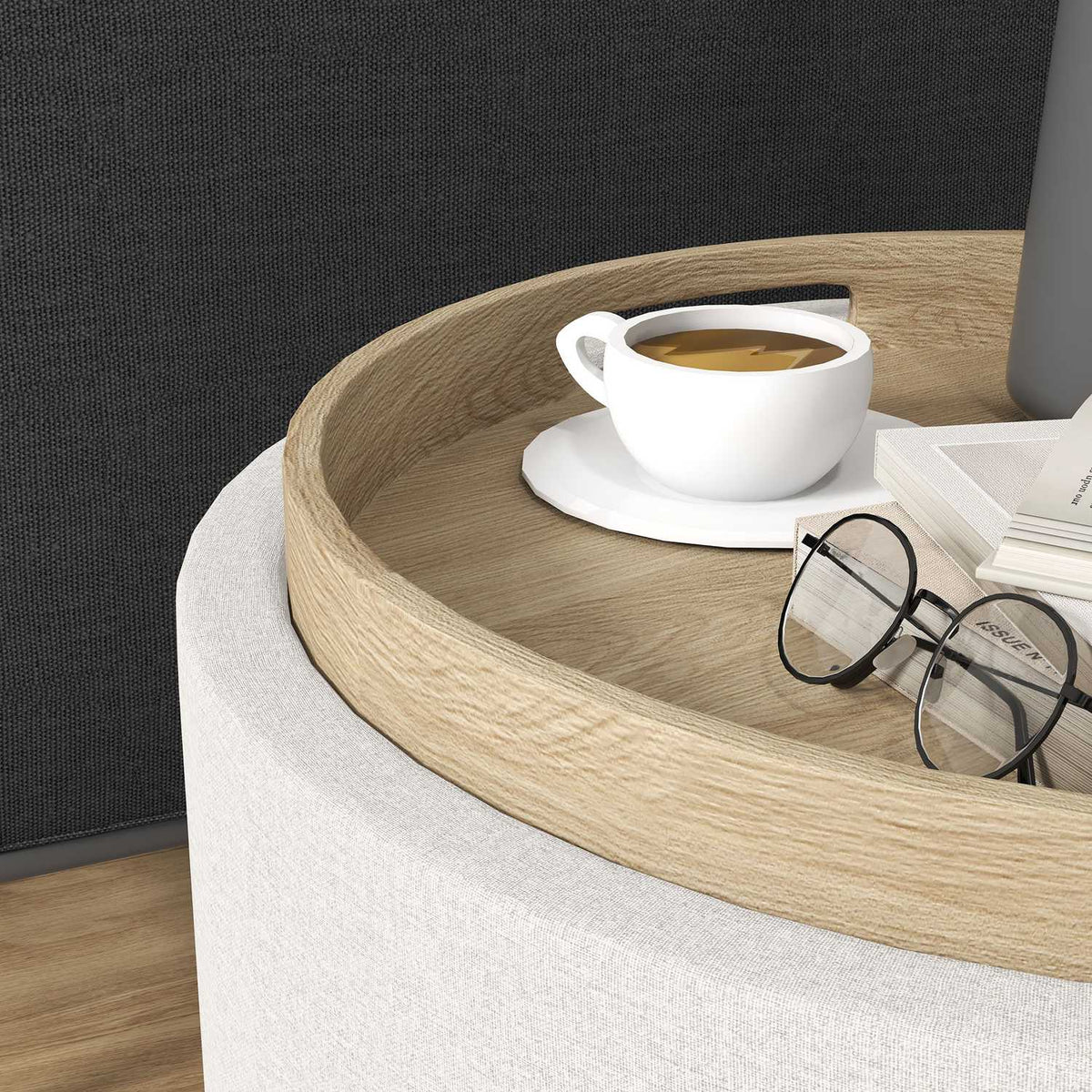 Ottoman Round Stool With Storage Space, Folding Lid, In Linen Look For Living Room, Bedroom, Cream, Ø56 X 42 Cm