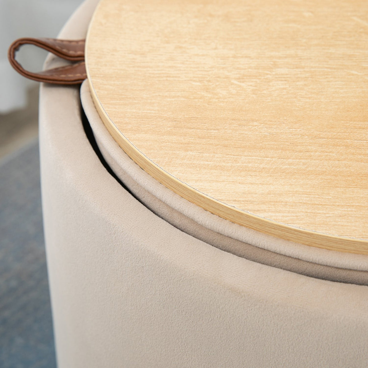 Ottoman Round Stool With Storage Space In Velvet Look, Beige, Removable Lid, Ø44Cmx47.5Cm, As A Side Table