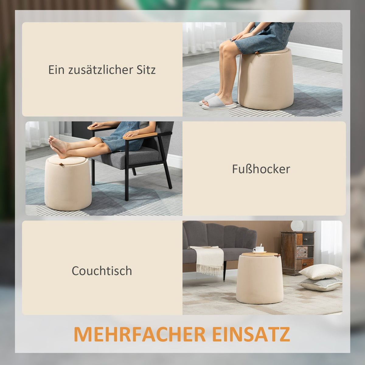 Ottoman Round Stool With Storage Space In Velvet Look, Beige, Removable Lid, Ø44Cmx47.5Cm, As A Side Table