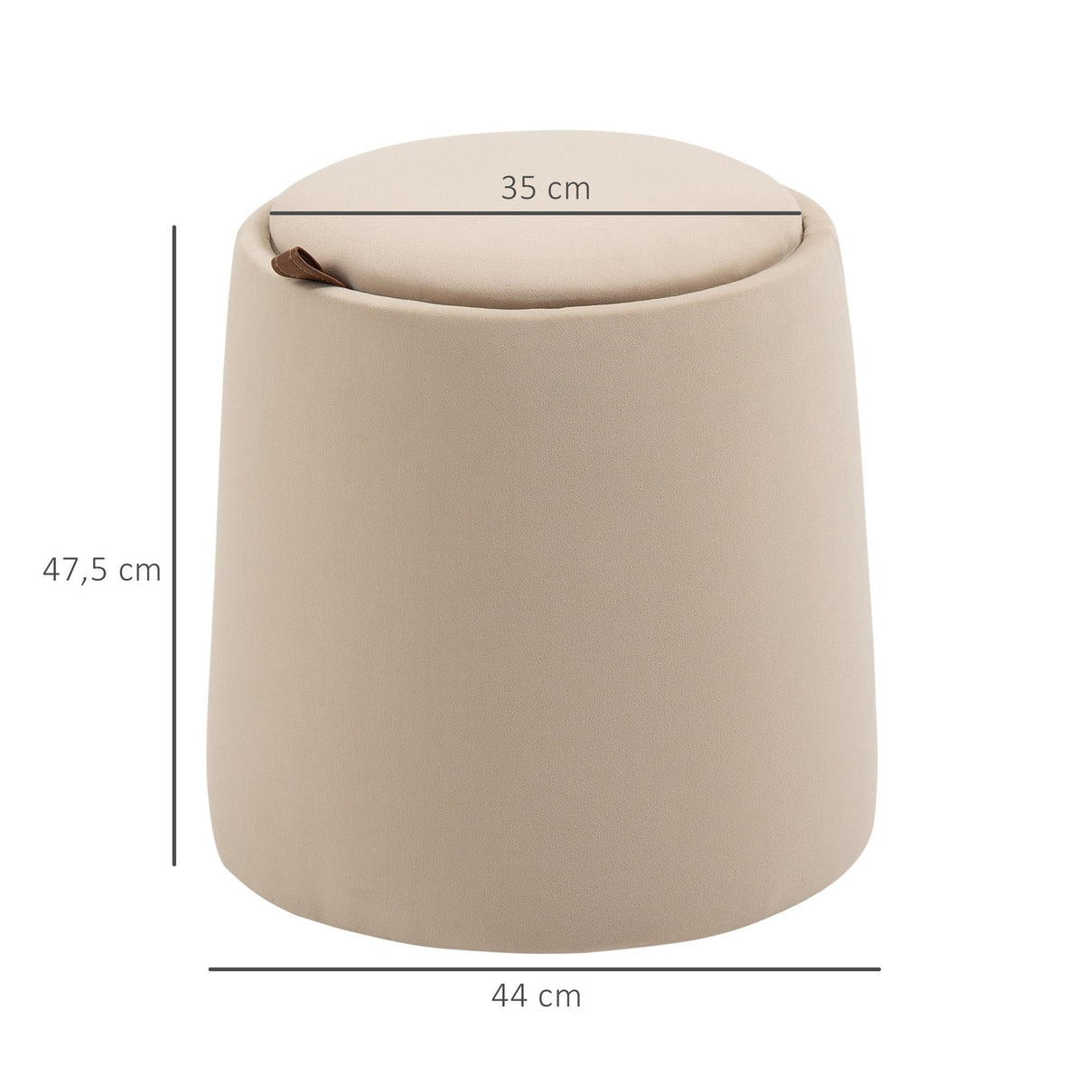 Ottoman Round Stool With Storage Space In Velvet Look, Beige, Removable Lid, Ø44Cmx47.5Cm, As A Side Table