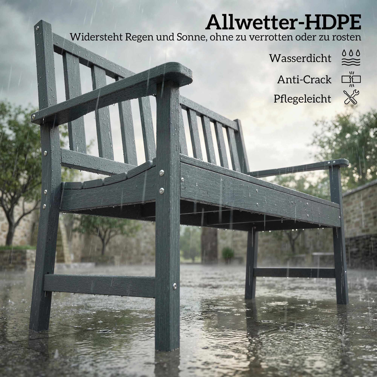 Outdoor 2-Seater Garden Bench, Weatherproof HDPE, Grey