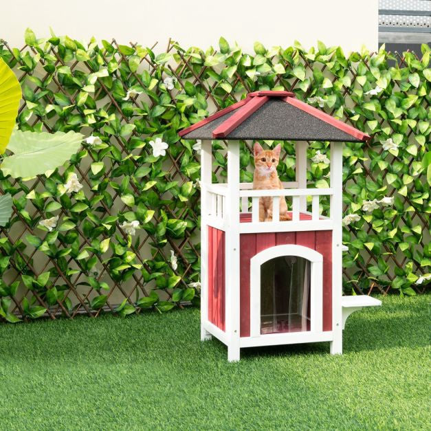 Outdoor 2-Story Wooden Cat House, Asphalt Roof, Balcony