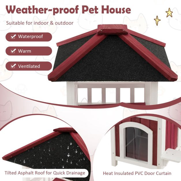 Outdoor 2-Story Wooden Cat House, Asphalt Roof, Balcony